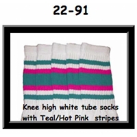 22" SKATERSOCKS white style 22-091 teal/hot pink...