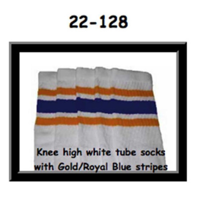 22 SKATERSOCKS white style 22-128 gold/royal blue stripes 
