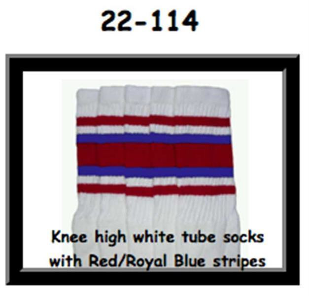 22" SKATERSOCKS white style 22-114 red/royal blue stripes 