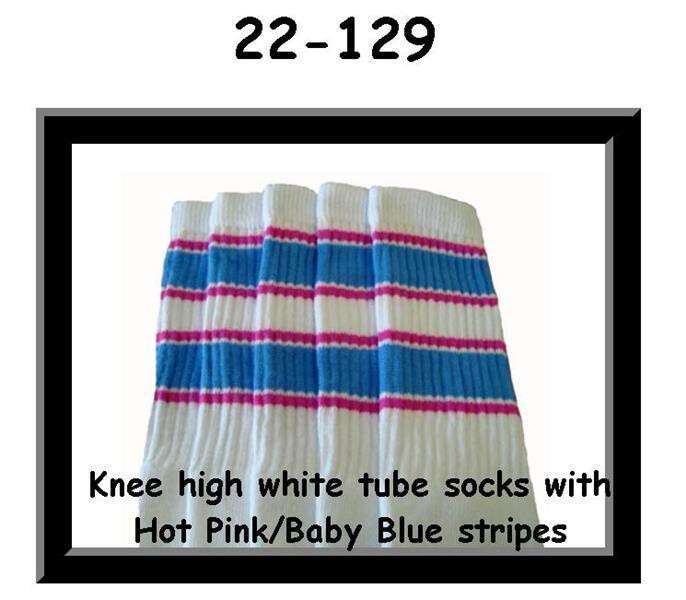 SKATERSOCKS 22" white style 22-129 hot pink/baby blue stripes