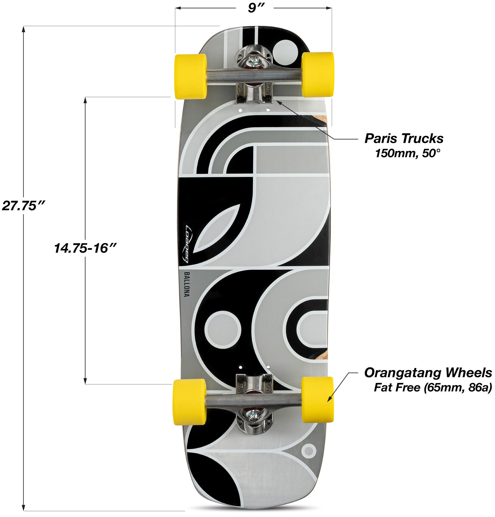 LOADED Complete Mini Cruiser Ballona Orca Paris V3 27,75" x 9,0" WB14,75-16"