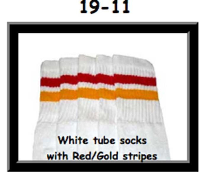 19" SKATERSOCKS white style 19-011 red/gold stripes