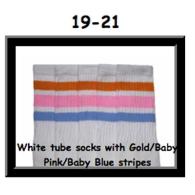 SKATERSOCKS 19" white style 19-021 gold/baby pink/baby blue stripes