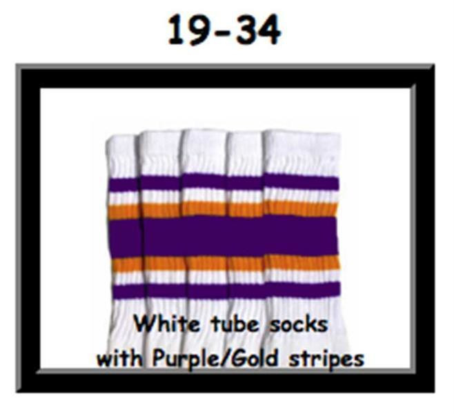 19" SKATERSOCKS white style 19-034 gold/purple stripes 