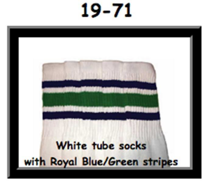 19" SKATERSOCKS white style 19-071 white socks royal blue/green stripes