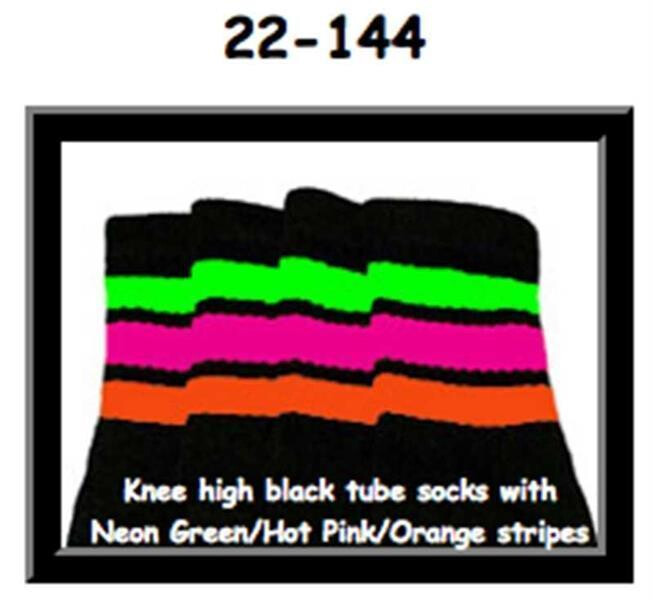 SKATERSOCKS 22" black style 22-144 neon green/hot pink/orange stripes