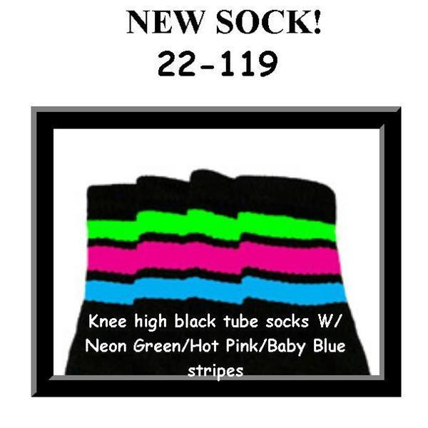 22" SKATERSOCKS black style 22-119 neon green/hot pink/baby blue stripes