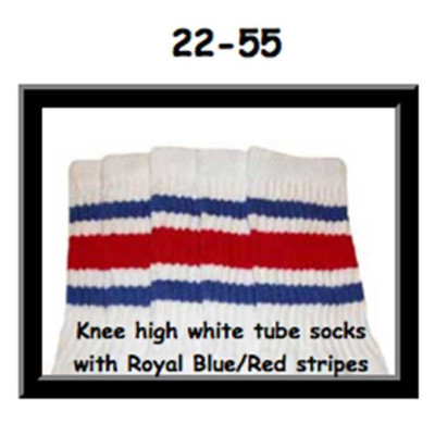 22" SKATERSOCKS white style 22-055 royal blue/red stripes 