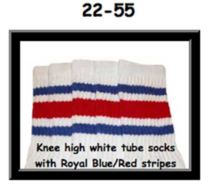 22" SKATERSOCKS white style 22-055 royal blue/red stripes 