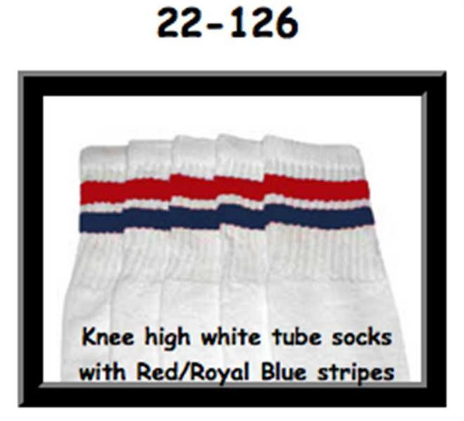 22" SKATERSOCKS white style 22-126 red / royal blue stripes 