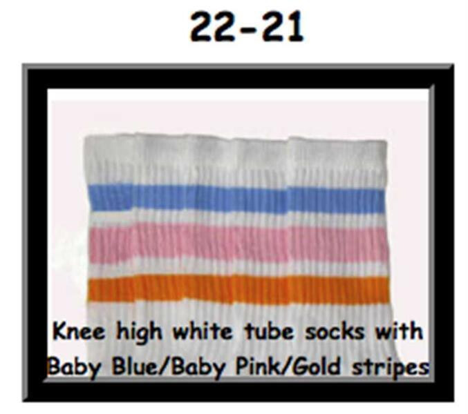 SKATERSOCKS 22" white style 22-021 baby blue/baby pink/golden stripes