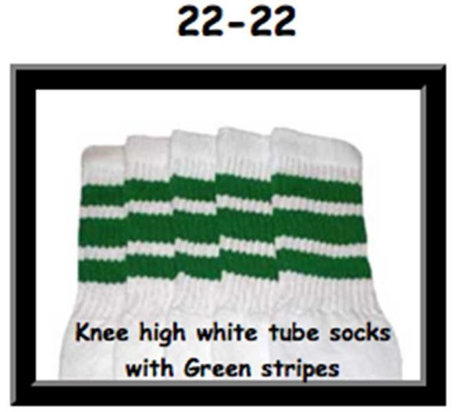 22" SKATERSOCKS white style 22-022 green stripes 