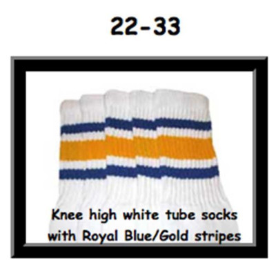22" SKATERSOCKS white style 22-033 royal blue/gold stripes