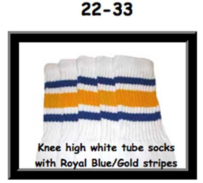 SKATERSOCKS 22" white style 22-033 royal blue/gold stripes
