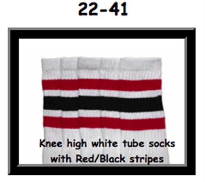 22" SKATERSOCKS white style 22-041 red/ black stripes 