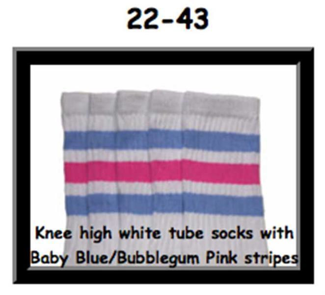 22" SKATERSOCKS white style 22-043 baby blue/bubblegum pink stripes
