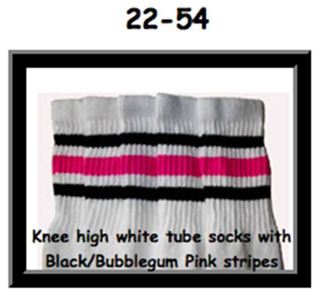 22" SKATERSOCKS white style 22-054 black/bubblegum pink stripes