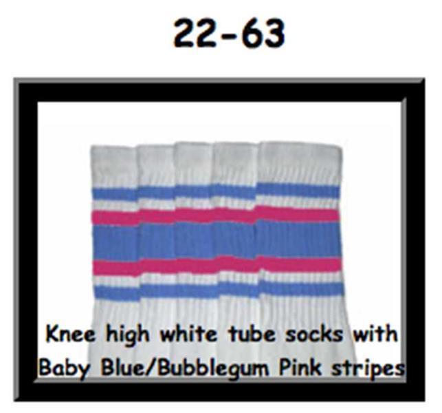 22" SKATERSOCKS white style 22-063 baby blue/bubblegum pink stripes