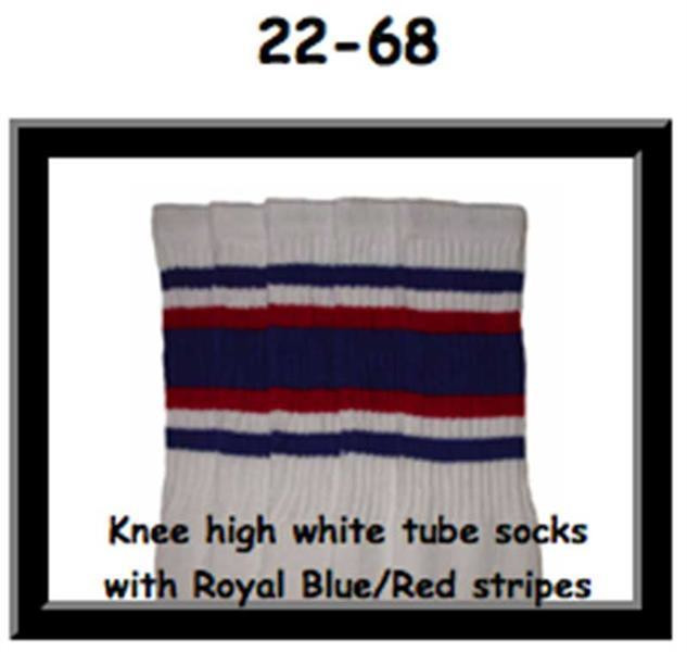 22" SKATERSOCKS white style 22-068 royal blue/red stripes 