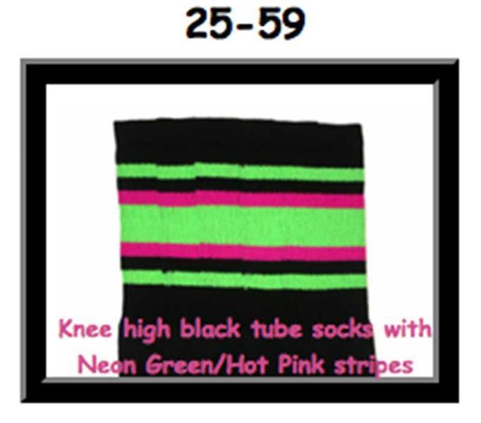 25" SKATERSOCKS black style 25-059 neon green/hot pink stripes 